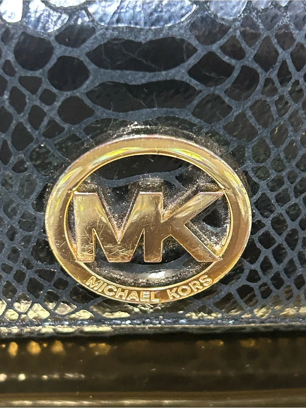 Michael Kors Black Snake-Embossed Wallet with Gold MK Emblem Approx. 6 x 4
